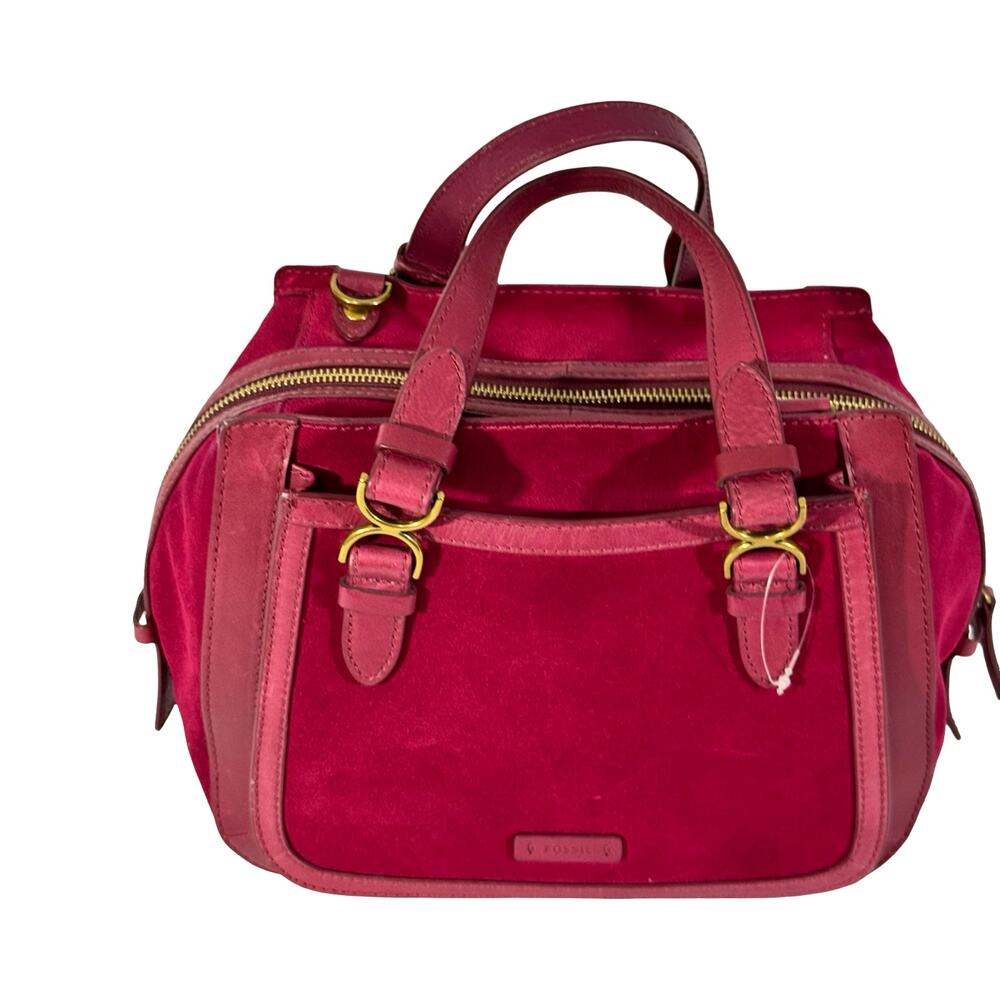 Fossil Pink Burgundy Fabric Satchel Handbag Leather Trim Gold Tone Hardware